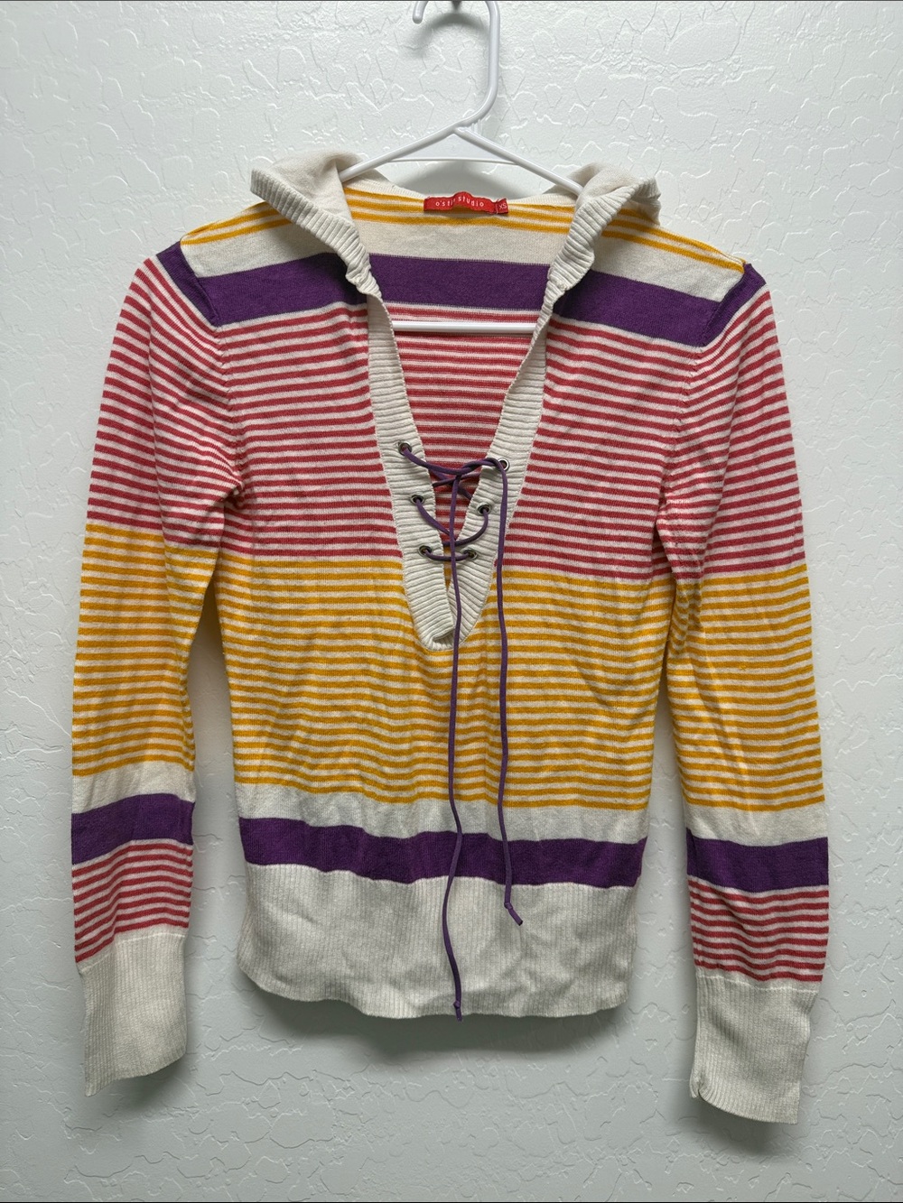 Striped Hooded Lace-Up Sweater